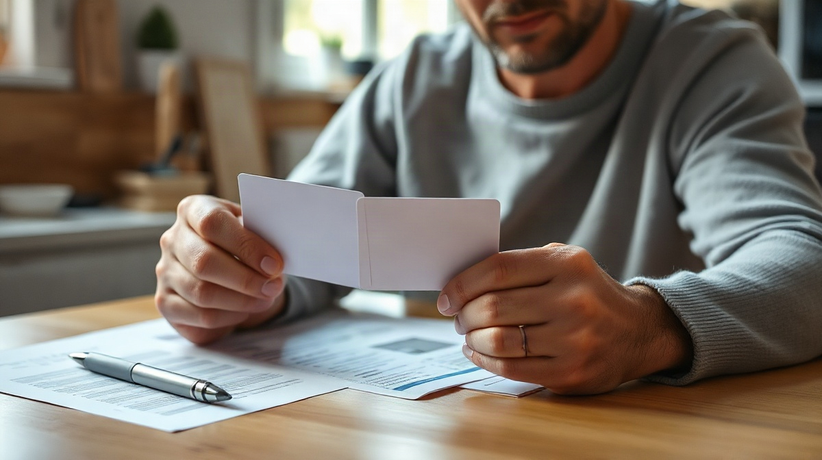 Adulte comparant deux cartes bancaires vierges près de documents papier