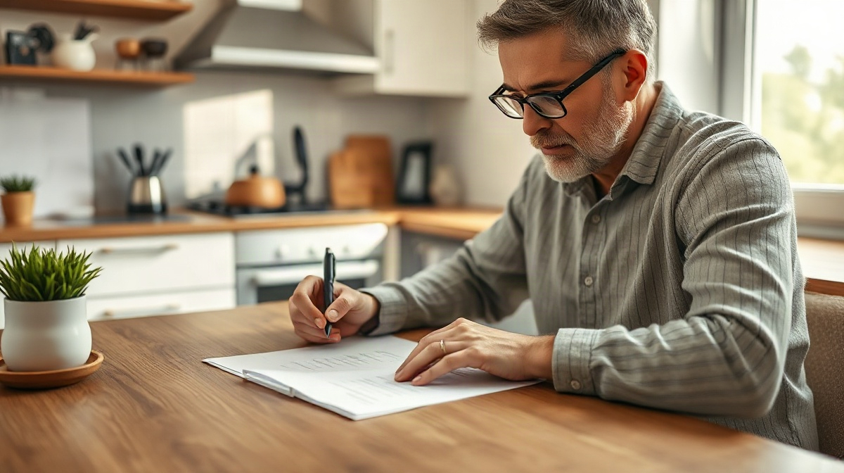Adulte remplissant une attestation officielle à la table de cuisine