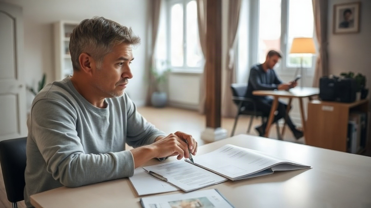 Parent séparé examine des papiers vierges, ancien partenaire indistinct à l’arrière-plan