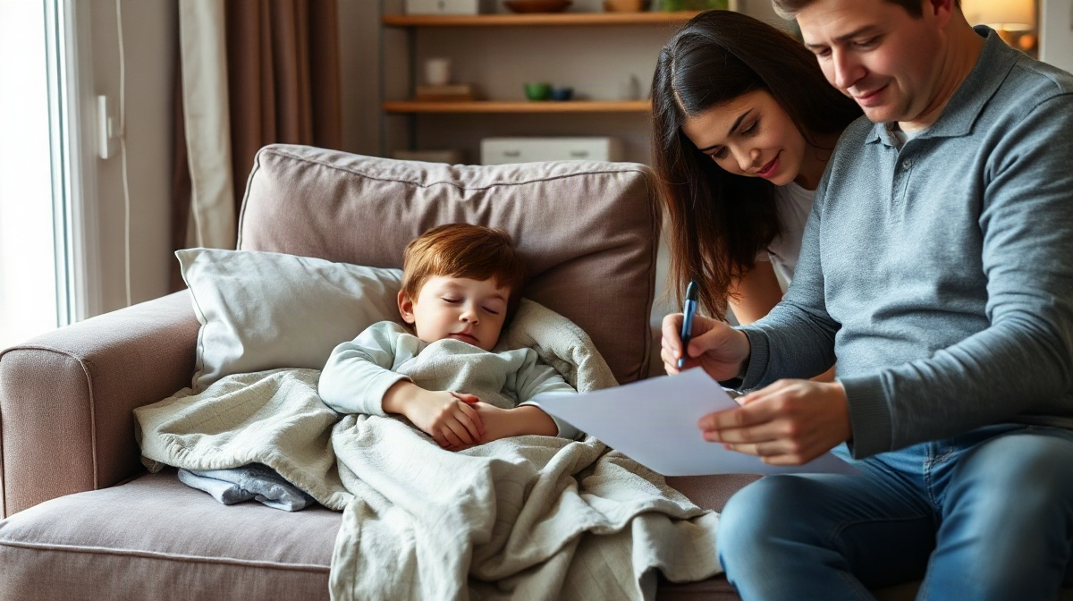 Enfant malade reposant sur un canapé sous une couverture légère, parent assis à côté de documents papier