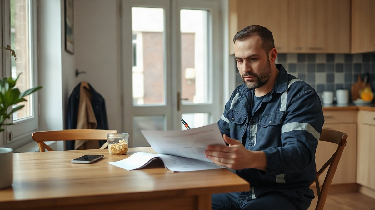 Employé de service assis à table, consultant des horaires imprimés avec un stylo