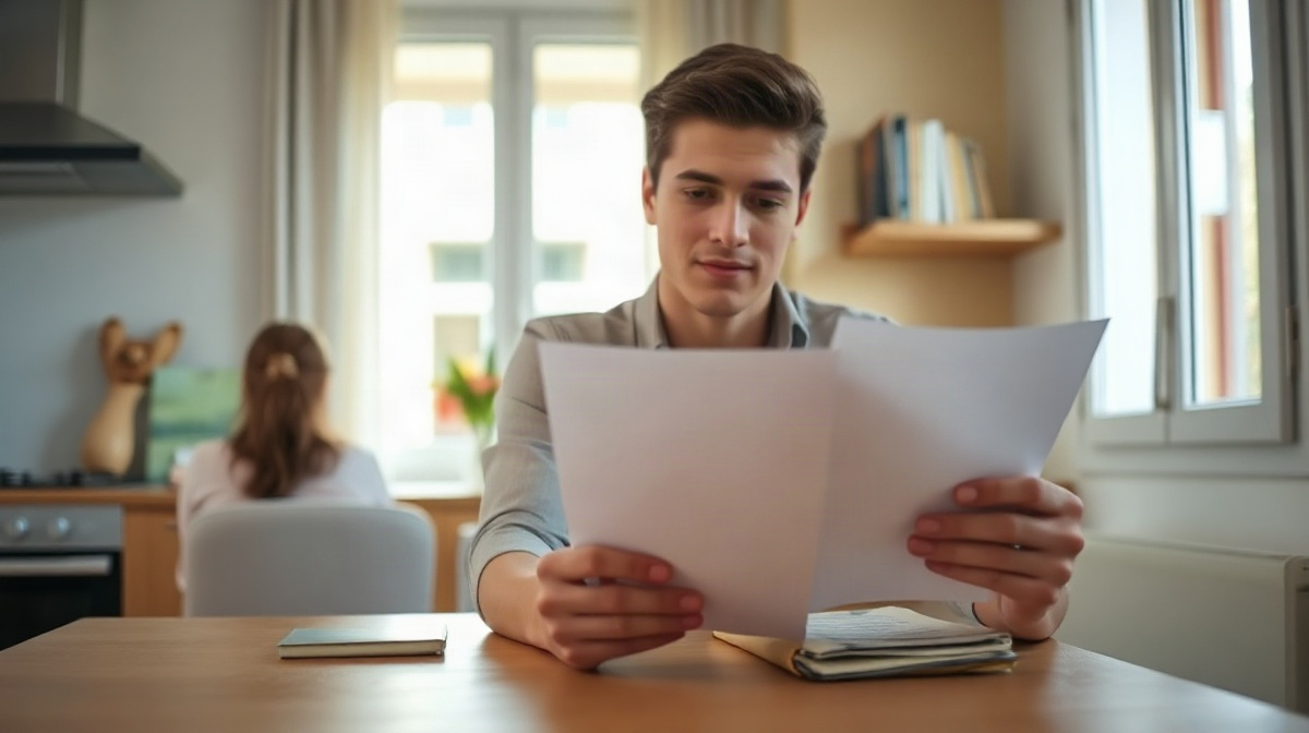 Jeune adulte examine des papiers et une enveloppe, hôte assis à proximité