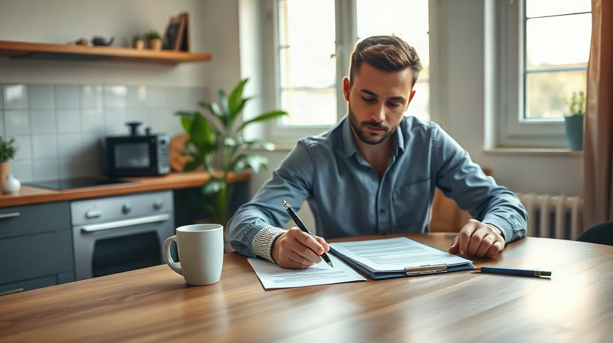 Personne portant une attelle signe des documents à table