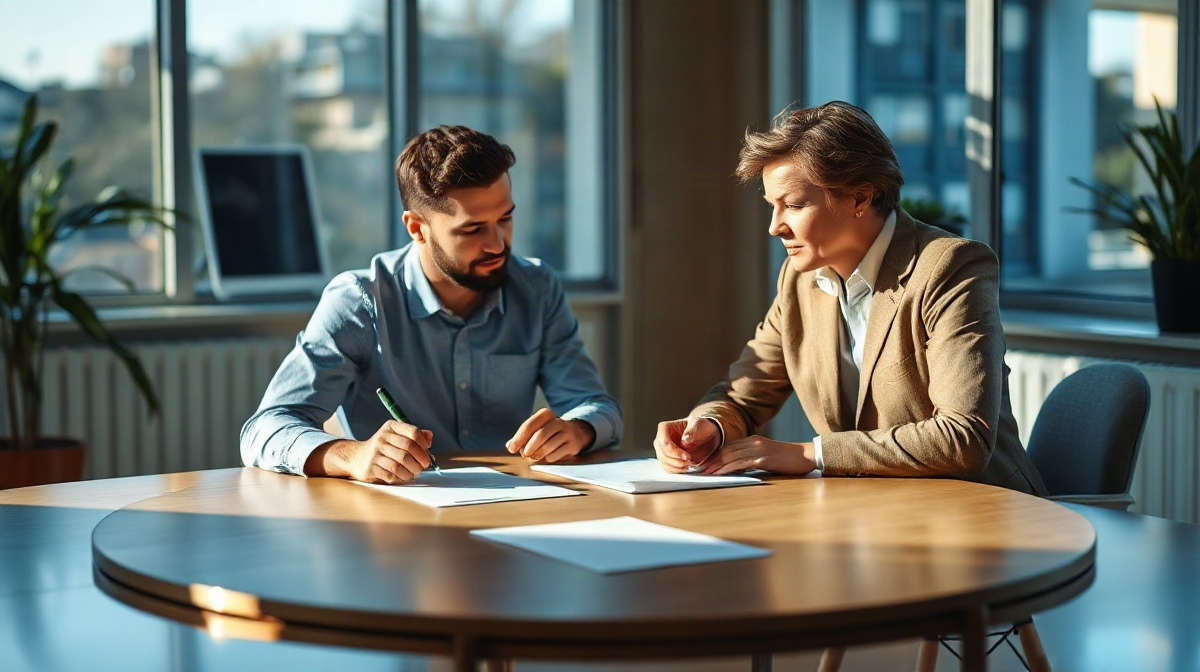 Employé échangeant avec un responsable, papiers et stylo sur la table