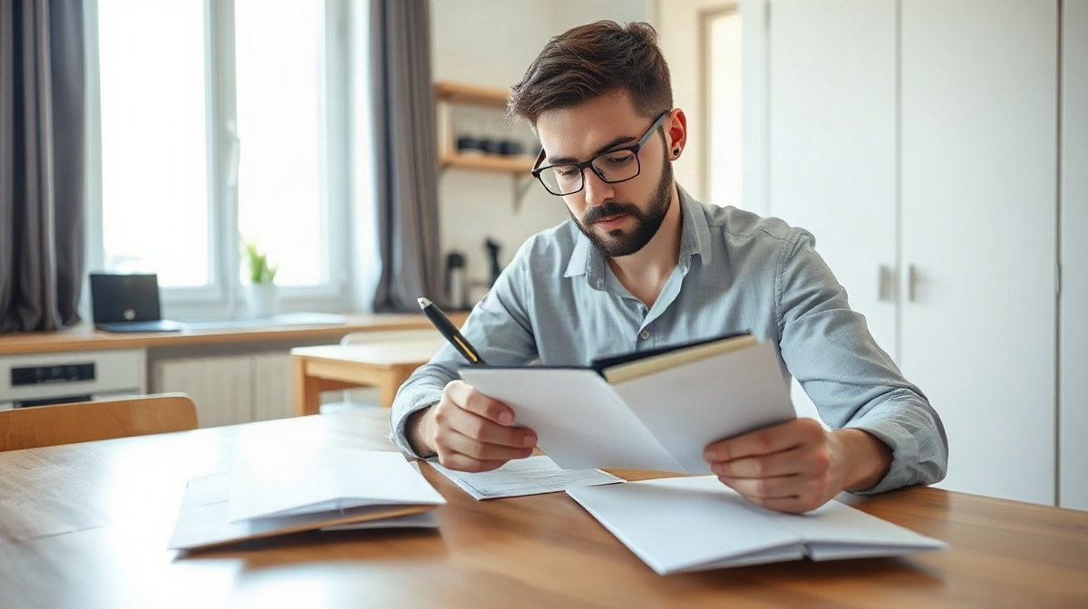 Personne examinant des documents officiels avec un stylo à table
