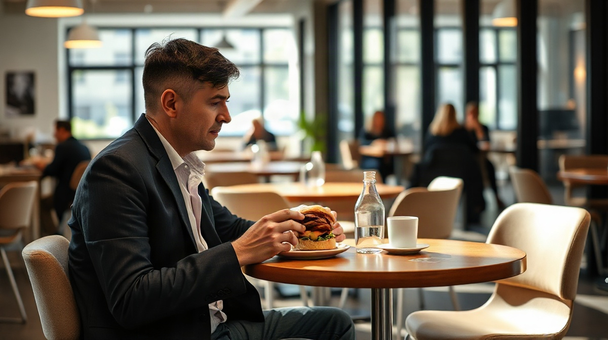 Employé faisant une pause, tenant un café près d’un sandwichlaryna